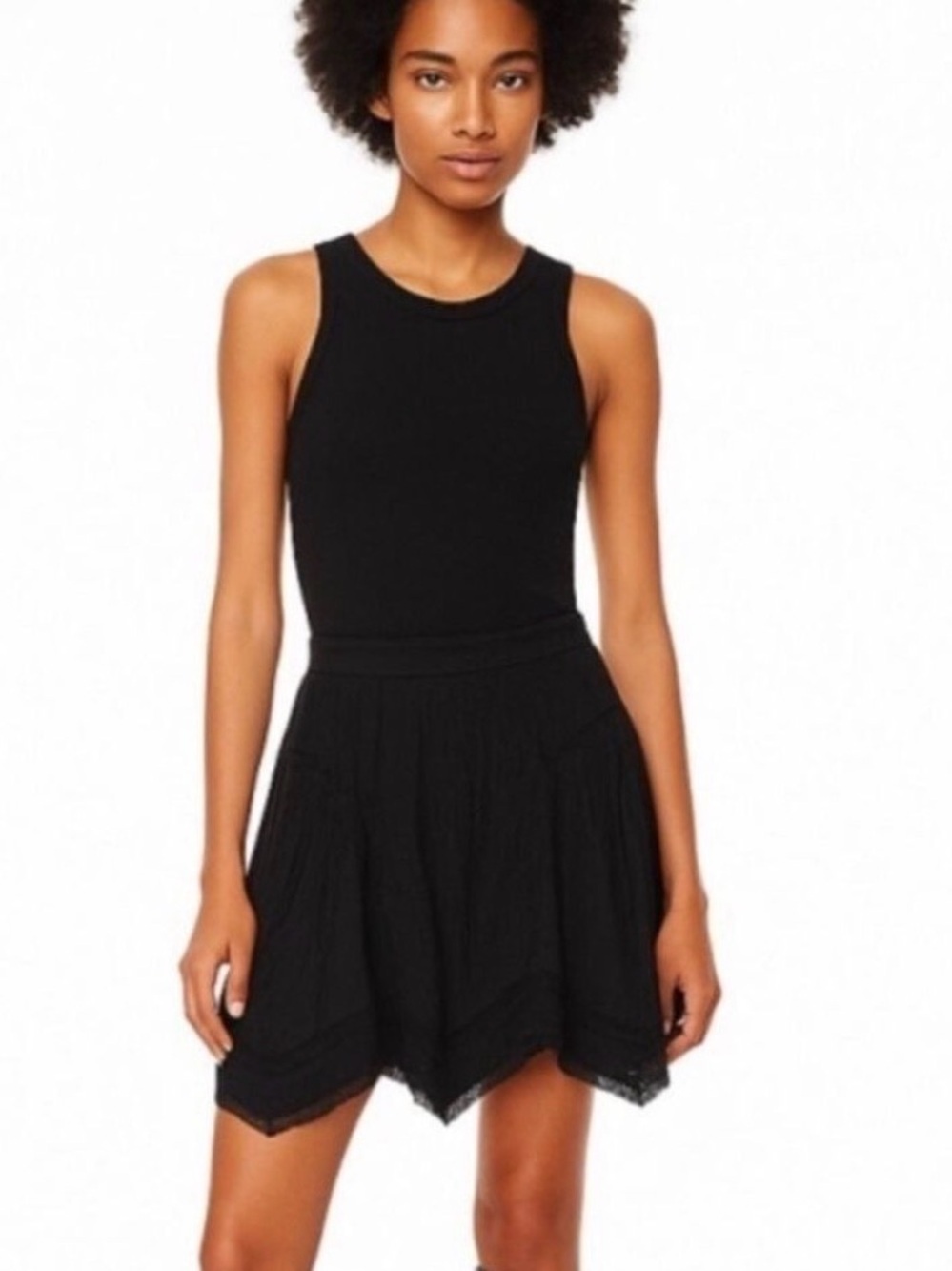 Aritzia Wilfred Belle Mini Skirt Black Crinkle Modal Asymmetrical Lace Hem